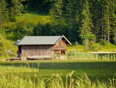 A beautiful shot of the small wooden house among green trees and along the lake